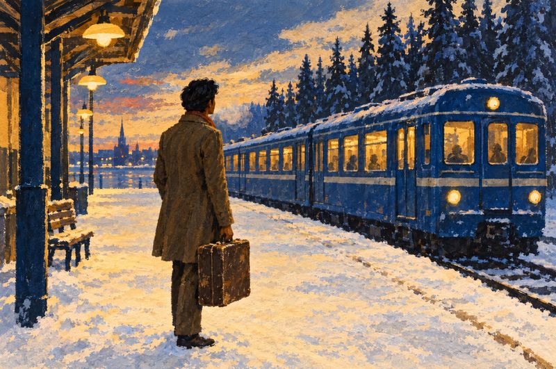En ung man med en resväska på en snöig perrong